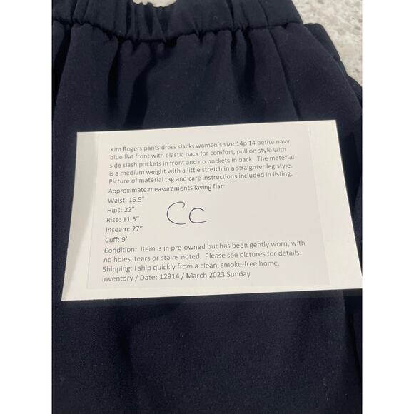 Kim Rogers dress pants women's petite 14 14p blue navy flat front pull on elasti - Picture 14 of 15